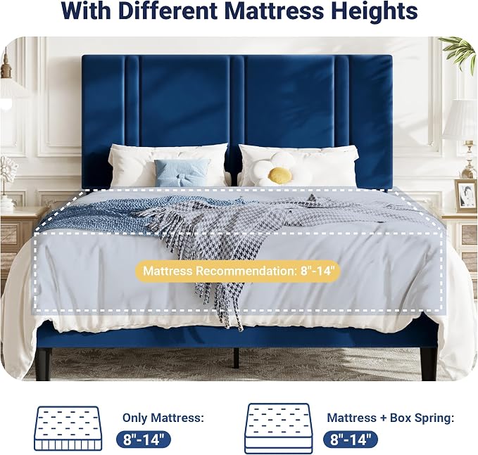 Allewie Full Size Platform Bed Frame with Adjustable Headboard | Plush Velvet Upholstered, Vertical Channel Tufted, Sturdy Wood Slats, No Box Spring Needed, Easy Assembly, Blue