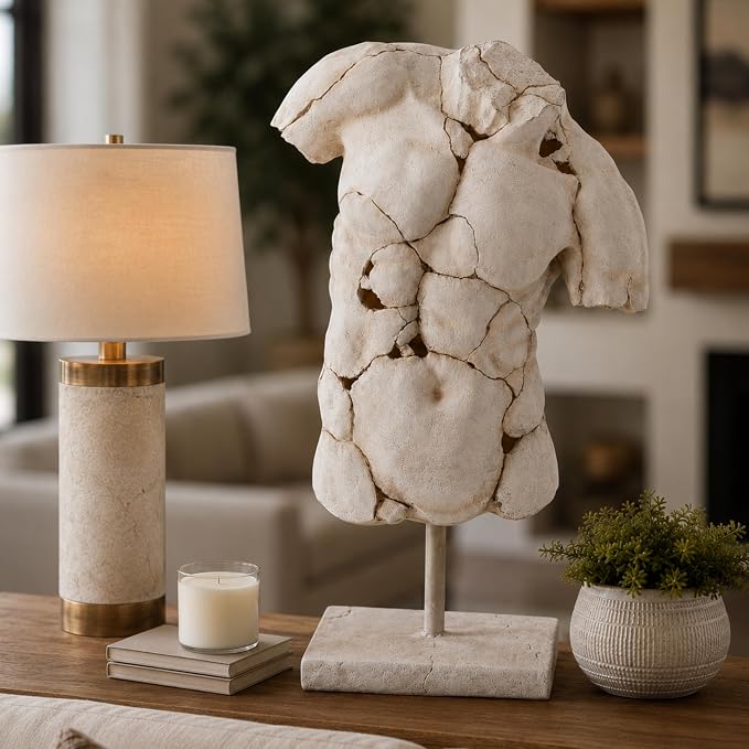 Resin Male Torso Sculpture – Contemporary Figurine, Accent for Bookshelf Styling, Coffee Tables, Shelves or Entryways – Artistic Home Decor Object for Living Room or Office - 25", White