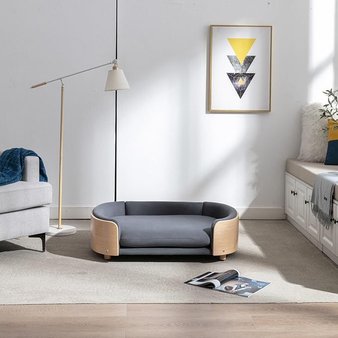 Scandinavian Style Elevated Dog Bed Pet Sofa with Solid Wood Legs and Bent Wood Back, Velvet Cushion, Large Size, Natural Frame & Dark Grey Cushion
