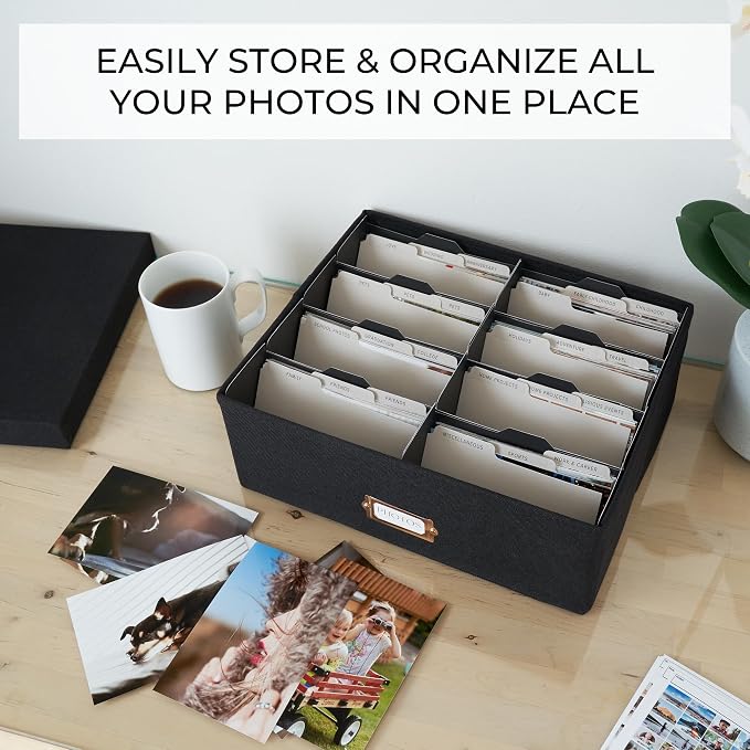 ZICOTO Decorative Photo Storage Box - Sturdy Linen Photo Organizer with Dividers is Perfect to Store Up to 1700 Pictures and 4x6 Photos - Portable Scrapbook Storage Containers with Lid