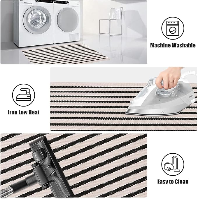 LEEVAN Black and White Striped Area Rug 3x5 ft Outdoor Patio Rugs Woven Washable Farmhouse Floor Carpet Front Porch Doormat for Bedroom/Courtyard/Laundry Room/Living Room