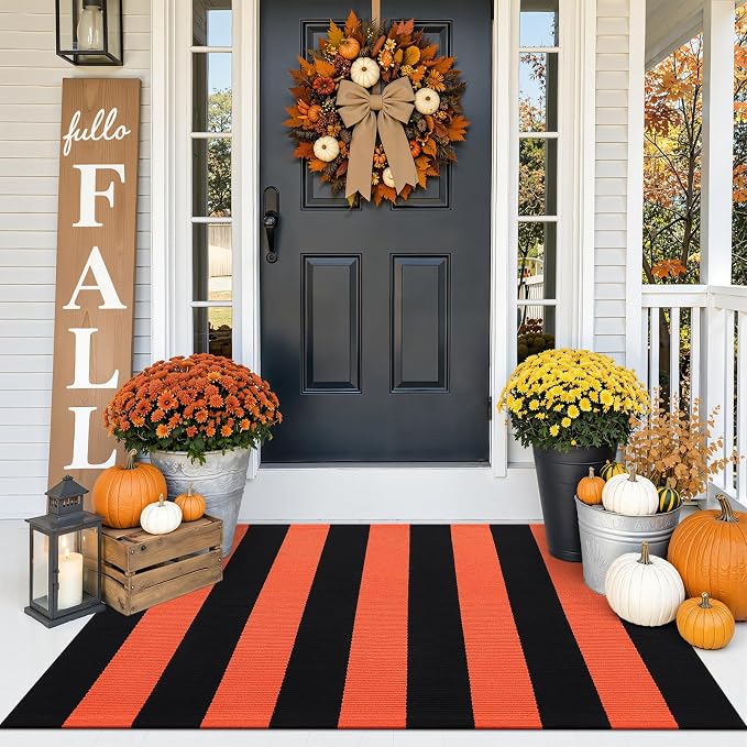 OLANLY Orange and Black Striped Rug 2'4" x 3'7" (27.5" x 43") | Washable Cotton Indoor Outdoor Doormat for Front Door, Entryway, Kitchen, Porch, Patio Decor