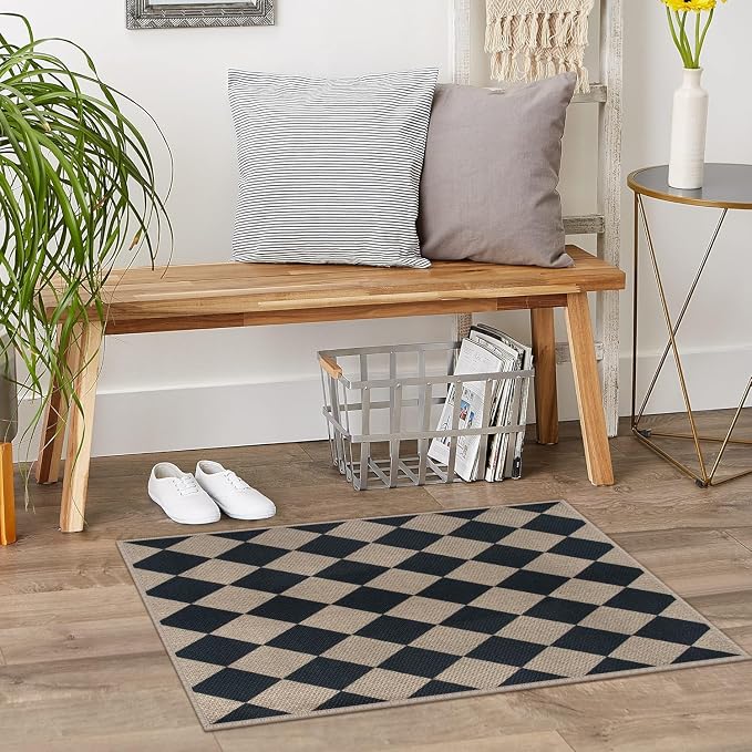 Rugalia Easy Jute Checkered Entryway Rug, 2x3 Black Modern Indoor Outdoor Doormat, Washable Non-Slip Neutral Small Kitchen Rug Farmhouse Diamond Throw Rugs for Entrance Bedroom Bathroom
