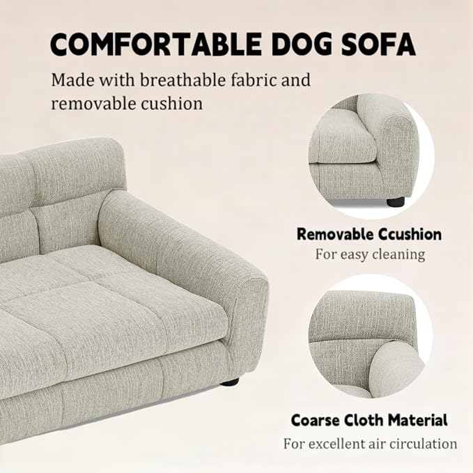 38" Dog Sofa Couch Bed for Small, Medium, Large Dogs, Soft Memory Foam Pet Sofa with Durable Linen Fabric, Comfortable Pet Couch with Backrest and Armrests, Easy to Clean and Maintain（Beige）
