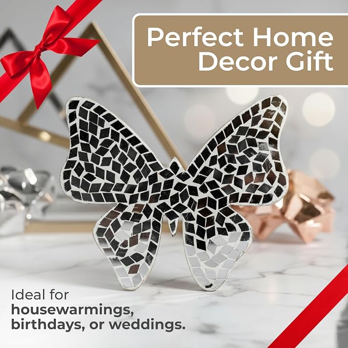 Decorative Sculpture Table Top – Glass Mosaic Butterfly Overmantel Modern Coffee Table Decor - Mango Wood Accent Piece for Coffee Tables, Shelves & Living Rooms – Elegant Home Decor – 5", White