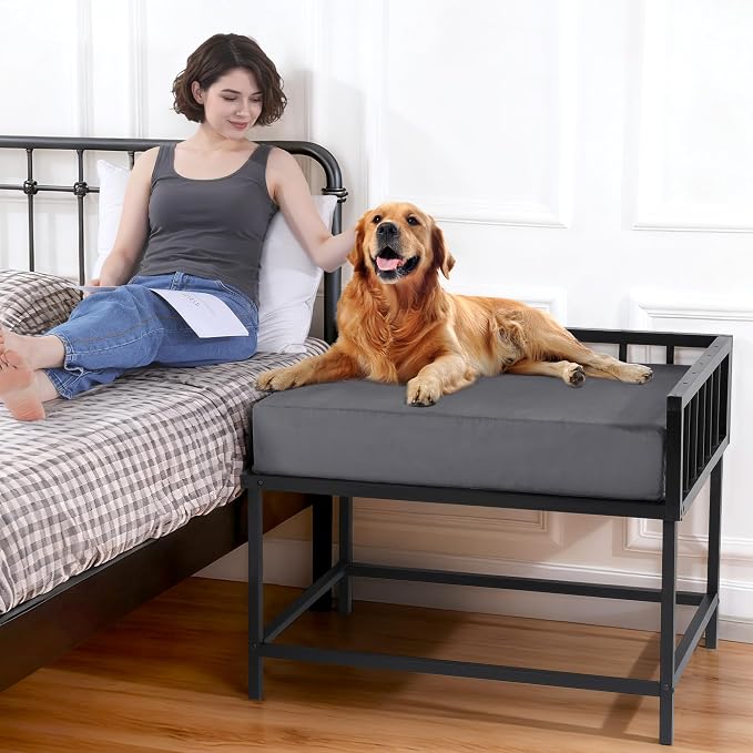 BALAPET Stable Beside Dog Bed and Mattress Set, Beside Dog Bunk Beds for Large Dogs,Metal Bed Frame with Removable Cushion,Dogs Bed Attachment to Human Bed for Small, Medium & Large Breeds(Medium)