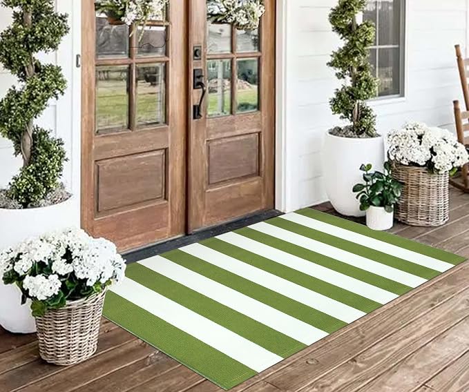 Front Porch Rug 24"x51",Green and White Striped Outdoor Rug Layered Doormat Cotton Woven Washable Indoor Outdoor Farmhouse Small Area Rug for Porch/Entryway/Home Entrance Decor