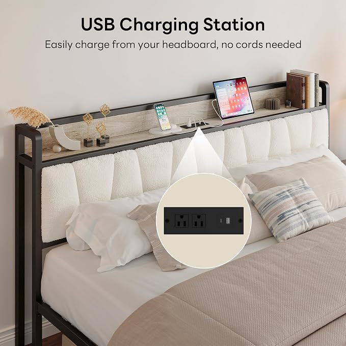 LIKIMIO California King Bed Frames, Bouclé Storage Headboard with Charging Station, Solid and Stable, Noise Free, No Box Spring Needed, Easy Assembly