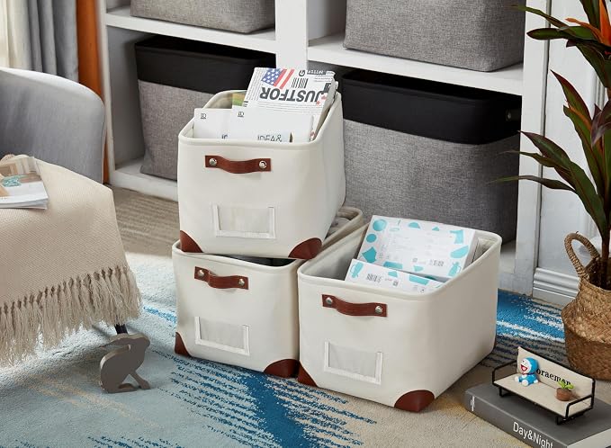DECOMOMO Storage Bins, Fabric Storage Baskets for Shelves | 3 Pack Linen Closet Organization (Creamy White, Large)