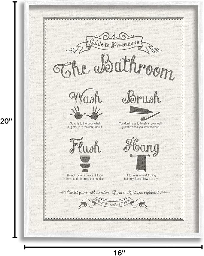 Stupell Industries 'Guide to Bathroom Procedures Linen Look', Framed Giclee Art, White, 16 x 20 Inches, Easy to Hang and Sturdy, Made in USA, by Lettered and Lined