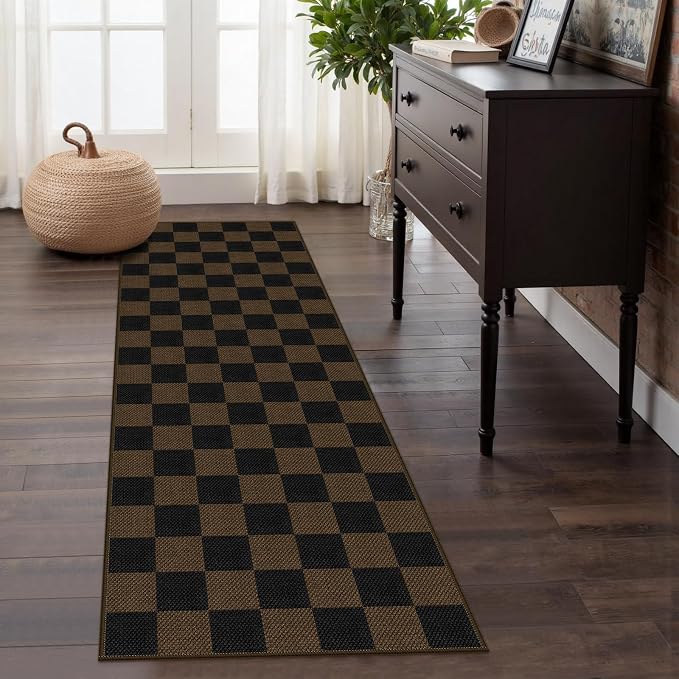 Rugalia Easy Jute Checkered Runner Rug, 2x6 Coffee Modern Washable Rugs Runner for Hallway Non-Slip Kitchen Runner Rug, Farmhouse Checkerboard Indoor Outdoor Carpet for Porch Laundry Entryway