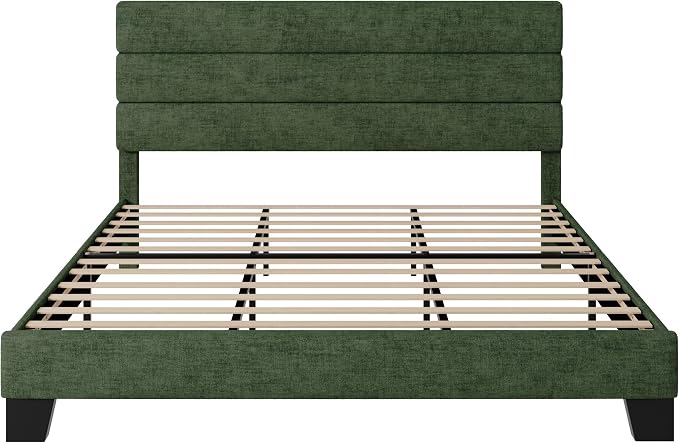 Allewie King Size Platform Bed Frame with Velvet Upholstered Headboard and Wooden Slats Support, Fully Upholstered Mattress Foundation/No Box Spring Needed/Easy Assembly, Green