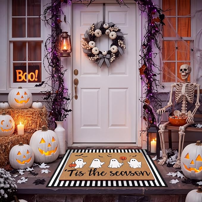 Tinideya 2 Pcs Halloween Layered Doormat Set, Cute Ghost Coir Doormat and Black White Striped Rug, Non Slip Fall Porch Decor for Entryway Patio Outdoor Decor
