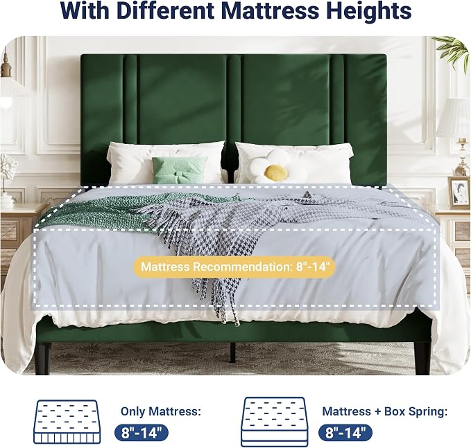 Allewie Queen Platform Bed Frame with Adjustable Headboard | Plush Velvet Upholstered, Vertical Channel Tufted, Sturdy Wood Slats, No Box Spring Needed, Easy Assembly, Green