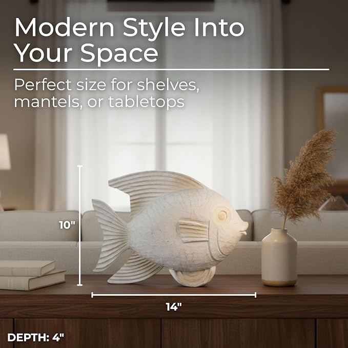 Bookshelf Decor Fish Figurine–White Wash Polyresin Decorative Accessory for Living Room, Coffee Table or Shelf – Aesthetic Boho Shelf Decor, Decorative Objects for Living Room – 13", White