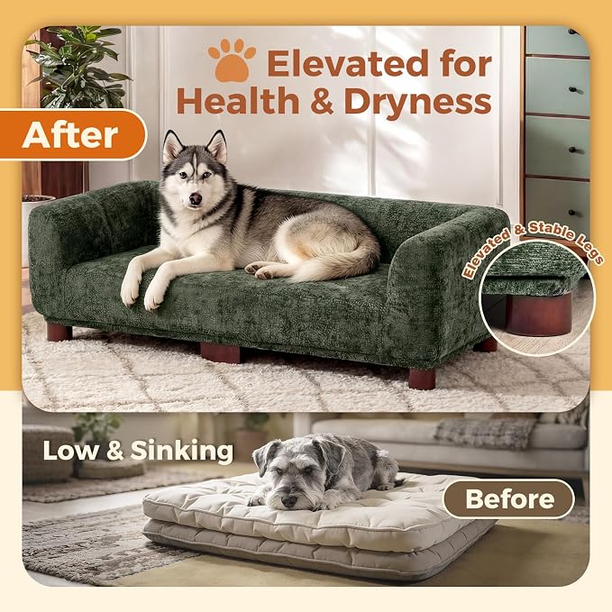 Dog Couch Sofa for Large & Extra Large Dogs, Elevated Pet Bed with Legs, Button Tufted Chenille Dog Couch with Backrest and Armrests, Modern Indoor Dog Furniture (Green, XL - 47" x 24" x 15")