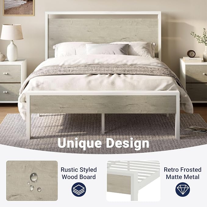 Allewie Queen Size Bed Frame, Heavy Duty 12 Metal Slats Support, White | Wooden Headboard and Footboard, Modern Platform Bed, No Box Spring Needed, Under-Bed Storage, Noise Free, Easy Assembly