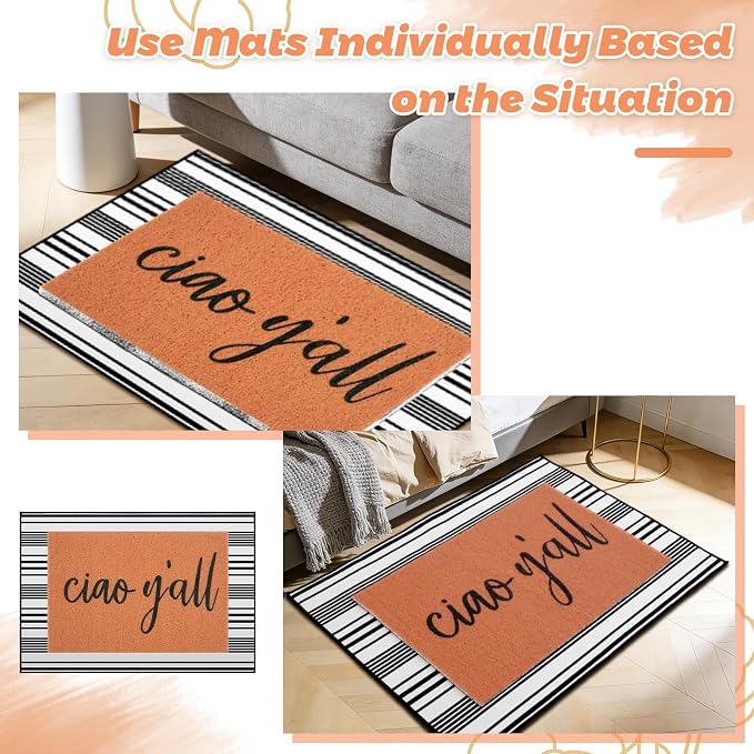 Ciao Y'all Doormat, 2pcs Layered Front Door Mats with Coir Texture Welcome Doormat and Black White Striped Under Non Slip Mat, Farmhouse Porch Decor for Home Entry, Entryway Home Outdoor Decor