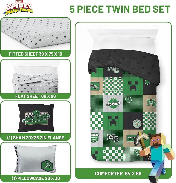 Minecraft Creeper Twin Comforter Set 5 Piece Kids Bedding for Boys, Multi | Zombie Enderman, Bed in a Bag, Comforter Sheets Sham Pillowcase, Official Product, Microfiber, Machine Washable, Boys Gift