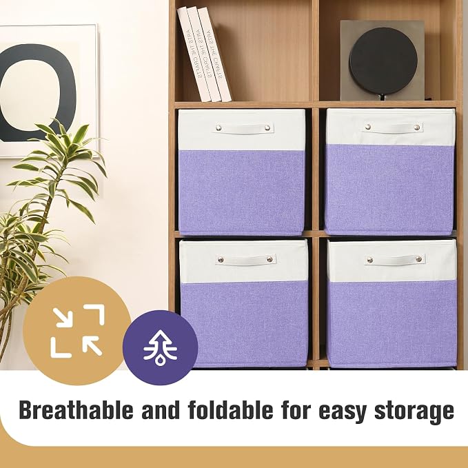FinishingBo 13x13x13 Storage Cube Bins 4 Pack, Cube Shelf Baskets | Foldable Storage Cubes, Linen Storage Bins with Handles, Closet Organizers, White/Purple