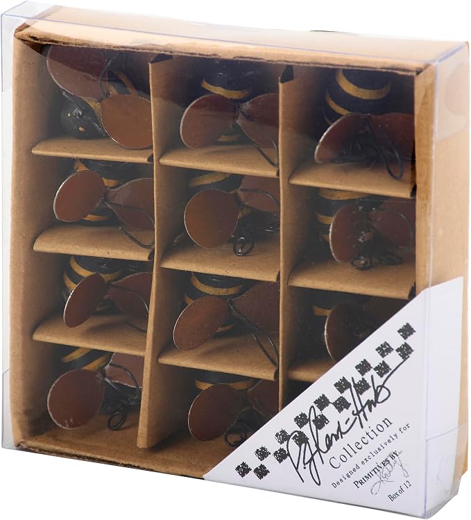 Primitives by Kathy Mini Bee Ornament Set of 12, 1.50-inch, Rustic Wooden Bumblebees with Whimsical Wire Antennae | Outdoor Garden or Home Decor Accent