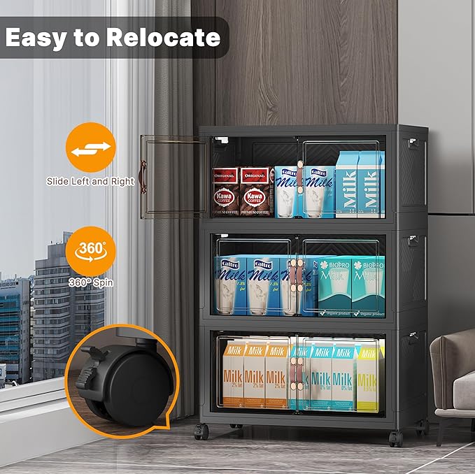 UAMFURI Stackable Storage Bins,165QT Collapsible Drawers with 1 Lid | Large Capacity, Magnetic Door, Stack Lock, Rolling Wheels, Foldable Design, Organizers and Storage for Bedroom Dorm Garagege