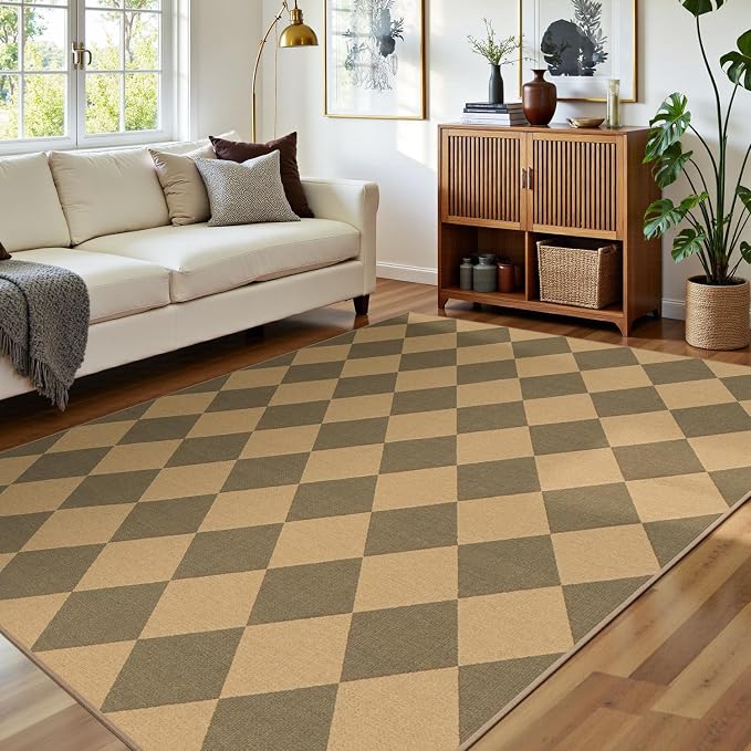 Lessymo Checkered Area Rugs 5x7 for Living Room, Washable Easy Jute Rug | Carpet for Outdoor Patio Backyard Dining Room Bedroom, Non Slip Farmhouse Indoor Mat, Stain Resistant, Diamond Brown/Beige