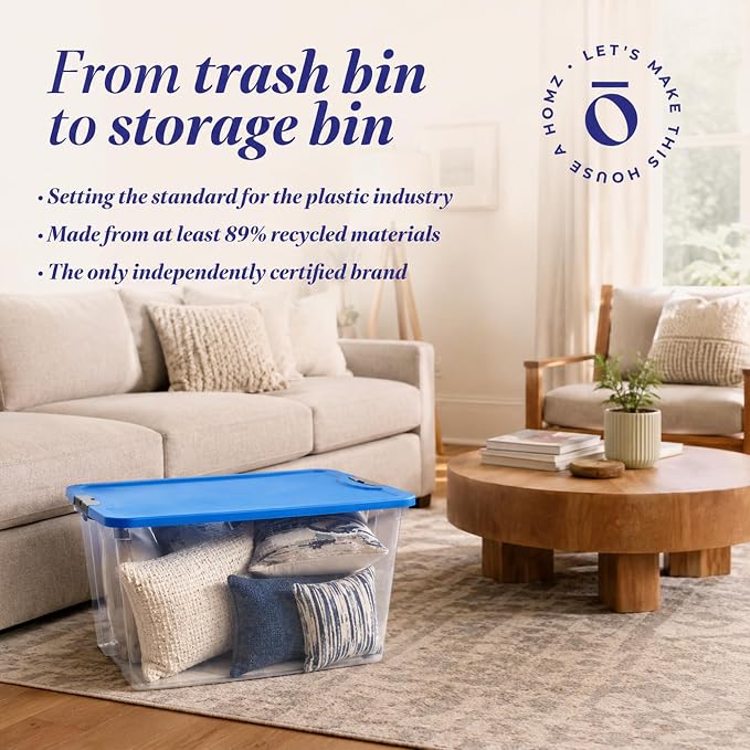 HOMZ Clear Plastic Storage Bin with Secure Latching Blue Lid, 64 Qt, 2 Pack | Heavy-Duty Stackable Containers, Large Organizer Box for Homes, Offices, and Garages