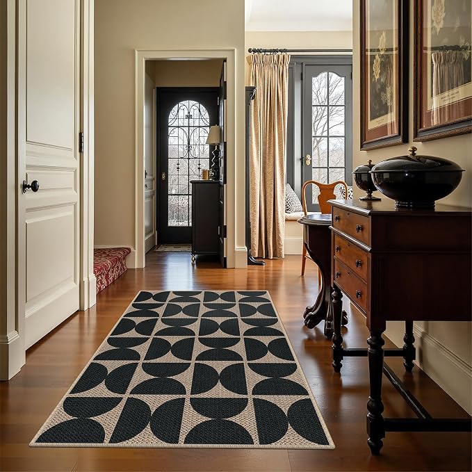 Easy Jute 3x5 Black Semicircle Area Rug,Washable Entryway Rug,Modern Door Carpet,Neutral Non-Slip Outdoor Indoor Farmhouse Rug for Living Room Kitchen Patio Bedroom