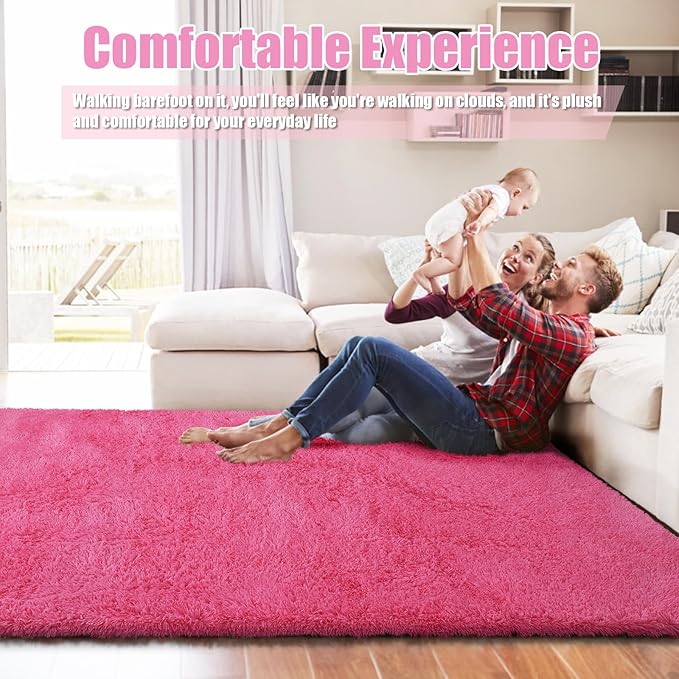 Shag Area Rug for Bedroom 5x8,Fluffy Area Rugs for Living Room,Soft Fuzzy Rug Non-Shedding Indoor Plush Carpet for Kids Bedroom Nursery Dorm Home Decor,Hot Pink