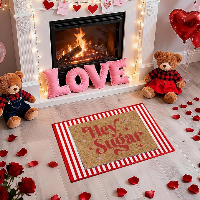 2 Pcs Hey Sugar Door Mat, Valentine Door Mat Valentines Day Welcome Mat Non Slip Coir Doormat Red and White Striped Mat Layering Doormats for Home Bathroom Front Porch Entryway Decor 24"x 32"