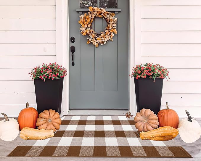 Buffalo Plaid Outdoor Rug 2'x4.3',Fall Coffee Front Porch Rug Door Mats Outdoor Farmhouse Cotton Washable for Hello Welcome Rug Layered Doormat Outdoor Entryway