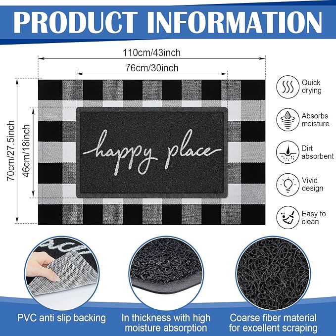Geelin 2 Pcs 30'' x 18'' Doormat 43'' x 27.5'' Black and White Layered Rug for Front Door Mat Outside Entrance Welcome Door Mats for Indoor Outdoor Entryway Porch Decor(Happy Place)