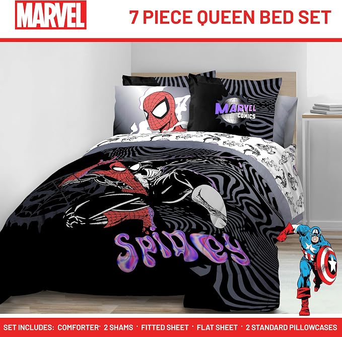 Marvel Comics Spiderman Queen Comforter Set 7 Piece Soft Bedding, Black | Venom, Bed in a Bag, Comforter Sheets Shams Pillowcases, Official Product, Soft Microfiber, Machine Washable, Boys Gift