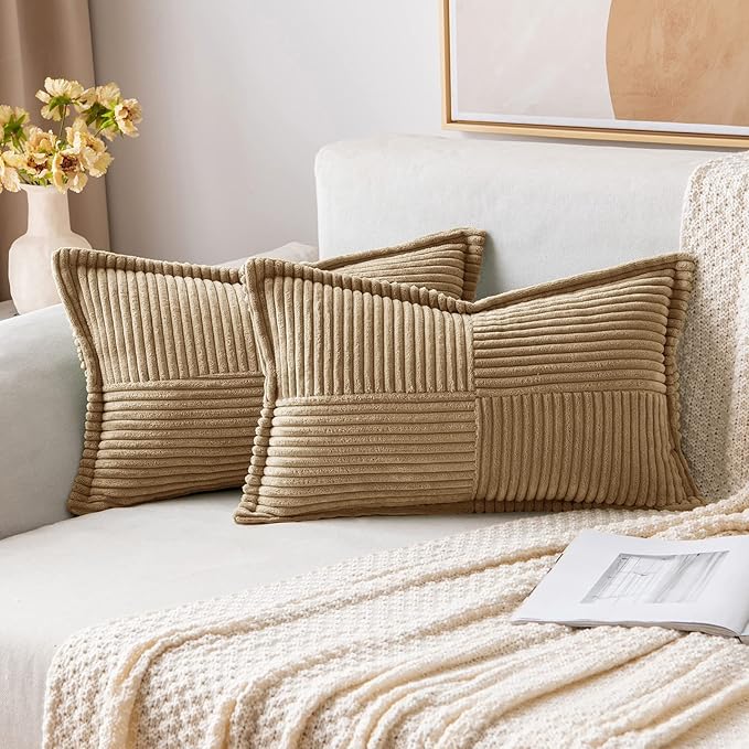 MIULEE Decorative Lumbar Throw Pillow Covers for Couch Bed Livingroom 12x20 Inch Set of 2 Khaki Boho Accent Throw Pllows Broadside Striped Patchwork Soft Corduroy Pillowcases
