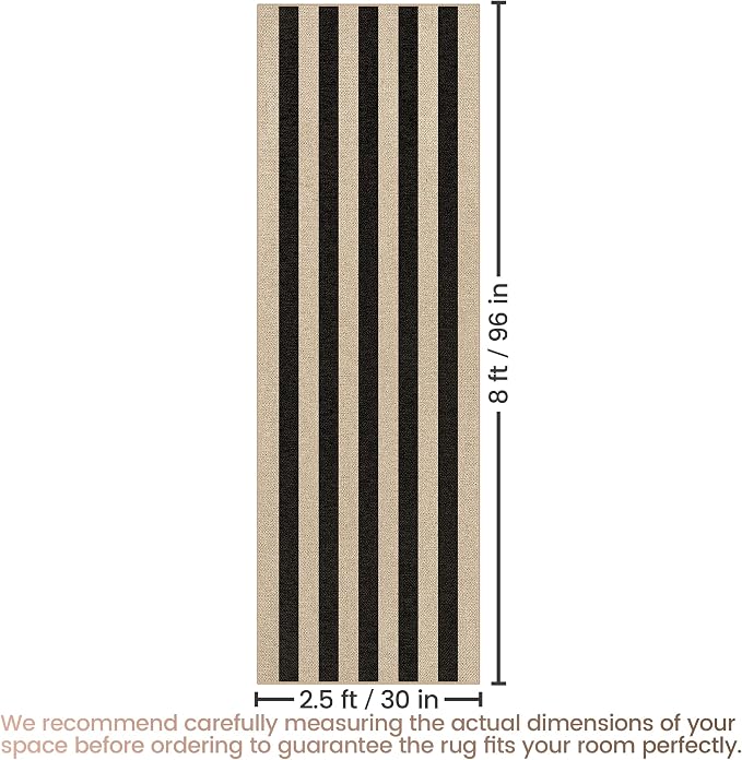 Washable Striped Easy Jute Runner Rug, 2x8 Black Boho Geometric Outdoor Indoor Patio Rug, Low Pile Lightweight Non Slip Neutral Long Runner Carpet Mat for Hallway Kitchen 8ft Entryway Porch Farmhouse