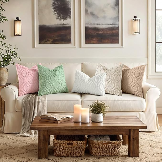 decorUhome Throw Pillow Covers 22x22 Inch Set of 2, Soft Plush Faux Wool Pink Solid Couch Pillow Covers, Accent Euro Sham Farmhouse Neutral Square Pillow Cases for Sofa Bed Living Room