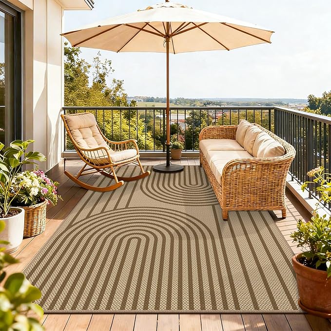 Faux Jute Area Rug, 4' x 6' Washable Rug, Brown Farmhouse Ultra-Thin Non-Slip Carpet for Outdoor, Bedroom, Dining Room, Backyard, Home Decor