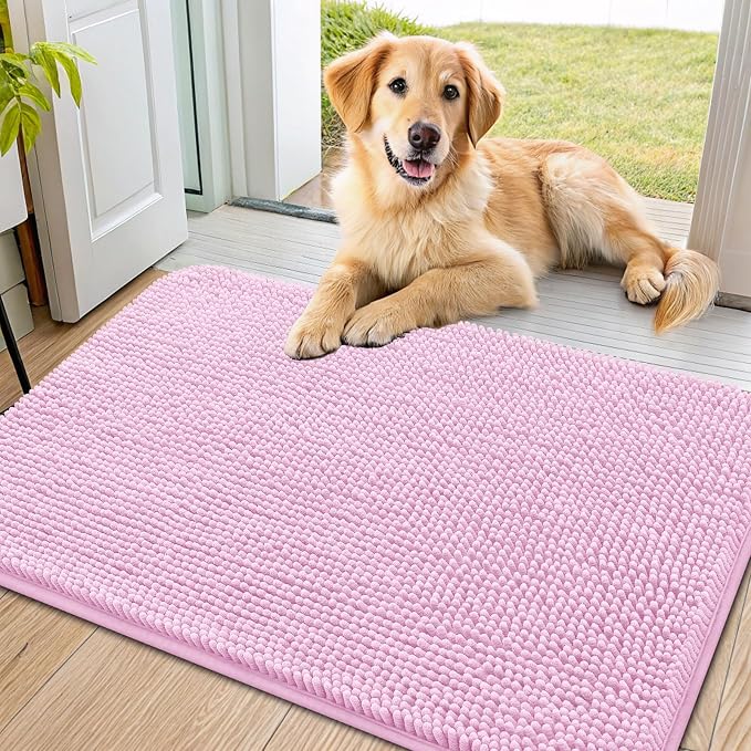 Smiry Dog Door Mat for Muddy Paws 40x24, Absorbent Dirt Trapper, Non-Slip Washable Chenille Entryway Rug for Inside Floor, Pink, Classic Solid