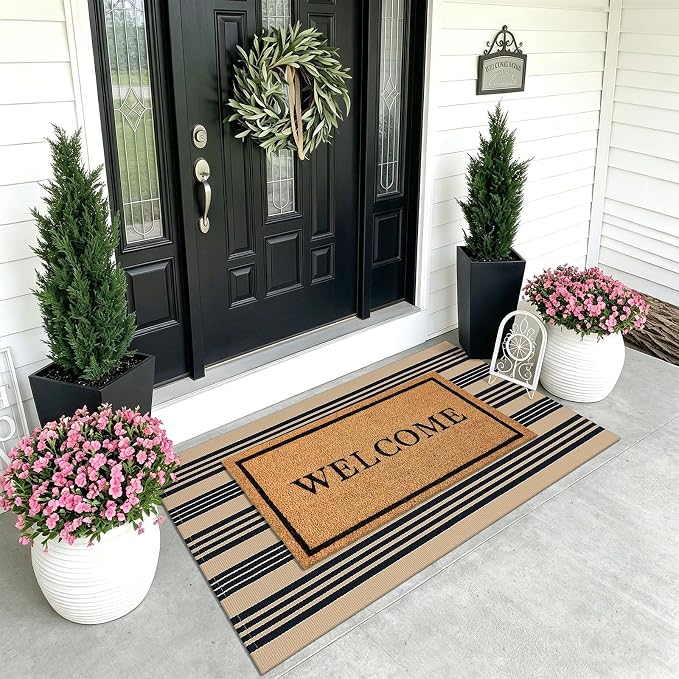 KOZYFLY Striped Rug 3x5 ft Front Door Rugs Cotton Woven Washable Indoor Outdoor Rug Brown Black Entrance Doormat for Front Porch Kitchen Patio Decor Outdoor Mat