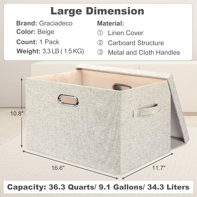 Graciadeco Large 17 36 Quart Collapsible Stackable Storage Bins with Lids, 1 Pack Beige Foldable Fabric Closet Storage Boxes with Lids, 4 Handles Toy Heavyduty Dark Gray Linen Storage Cube Box | 36 Quart 1 Pack Beige Collapsible Stackable Linen Fabric ...