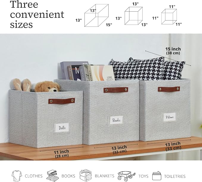 DECOMOMO Storage Bins, Cube Storage Bin with Labels | 13" x 13" x 13" Fabric Storage Cubes for Shelves (6pcs, Light Texture Grey)