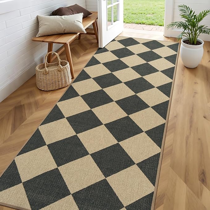 Lessymo Runner Rug 2.6x8 for Hallway, Checkered Easy Jute Washable Carpets | Reinforced Non Slip for Entryway Kitchen Bedside, Farmhouse Indoor Outdoor Carpets for Patio Porch, Diamond Black/Beige