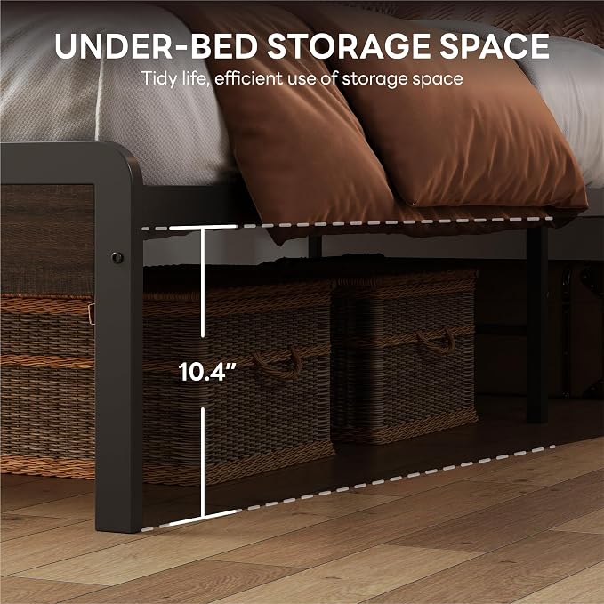 LIKIMIO California King Bed Frames with 2-Tier Storage Shelf Headboard | Dark Wood Platform Bed, Camas California King with Strong Metal Support, Sturdy, Noise-Free, No Box Spring Needed, Dark Brown