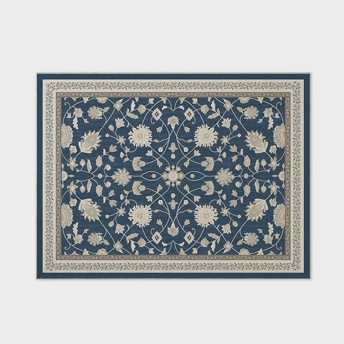 EVERGRACE Area Rugs for Living Room 9x12, Boho Floral Faux Wool Indoor Outdoor Rugs, Washable Rugs for Bedroom Dining Room Entryway Kitchen, Low Pile Floor Mat Carpet for Home Decor, Navy Blue