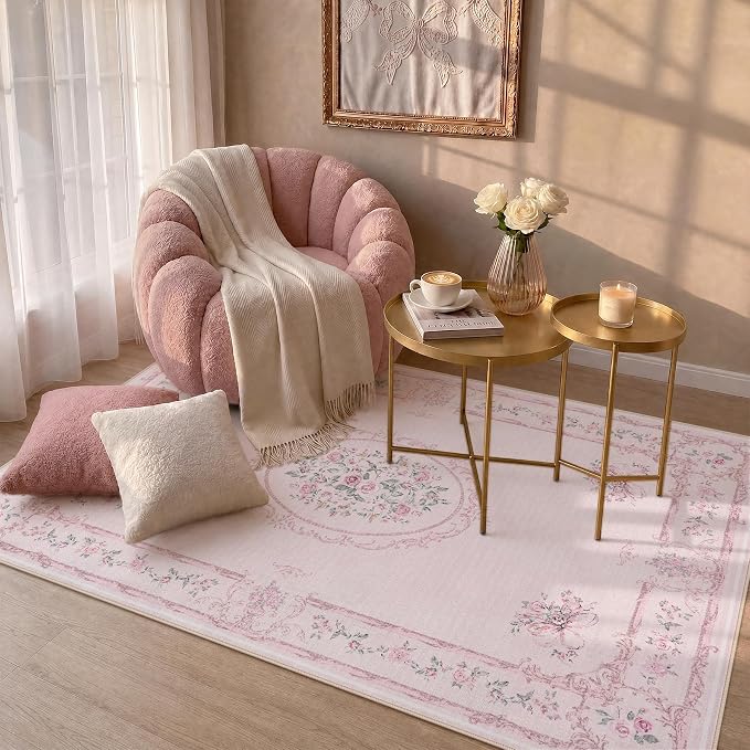 Tribesigns Floral Bow 3x5 Pink Rug for Girls Bedroom, Soft Rose Medallion Washable Nursery Living Room Area Rug, Non-Slip Low Pile Boho Floral Carpet for Dorm Kids Playroom, Pink/3x5