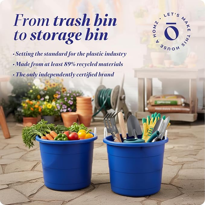 Homz 2 Pack of 17 Gallon Storage Buckets, Durable Plastic Containers, Sturdy Rope Handles, Large Tubs for Sports Equipment, Party Cooler, Gardening, Toys and Laundry, Blue