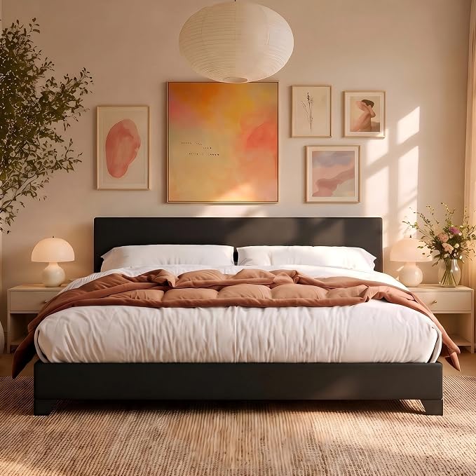 Allewie King Size Faux Leather Bed Frame, Adjustable Headboard, Black | Platform Bed with Heavy Duty Mattress Foundation, Noise-Free, Easy Assembly, Wood Slat Support, No Box Spring Needed