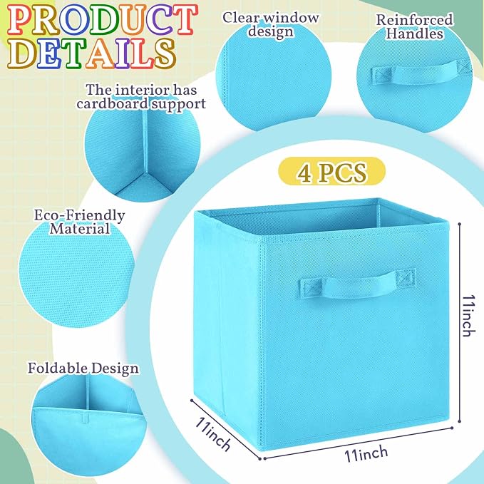 Yinder 4 Pcs Cube Storage Bin 10.5''x10.5''x11'' Storage Bins for Playroom Decor Colorful Bins for Kids Purple Foldable Baskets for Nursery Organizer Boxes Fabric Boxes(Blue, Purple, Pink, Rose Red)