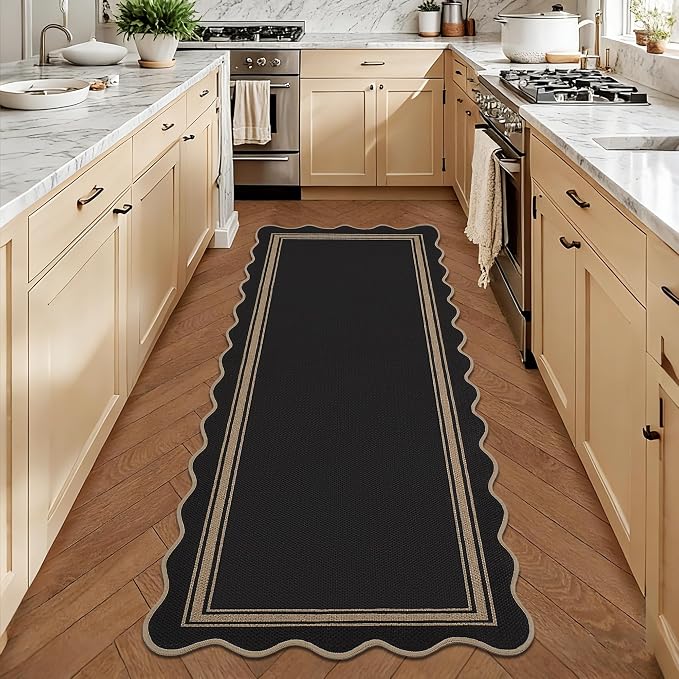 Easy Jute Kitchen Runner 2x6 Kitchen Runner Rug Washable Non Slip Outdoor Rug for Entryway Farmhouse Neutral Low Pile Scalloped Carpet for Hallyway Proch Doorway